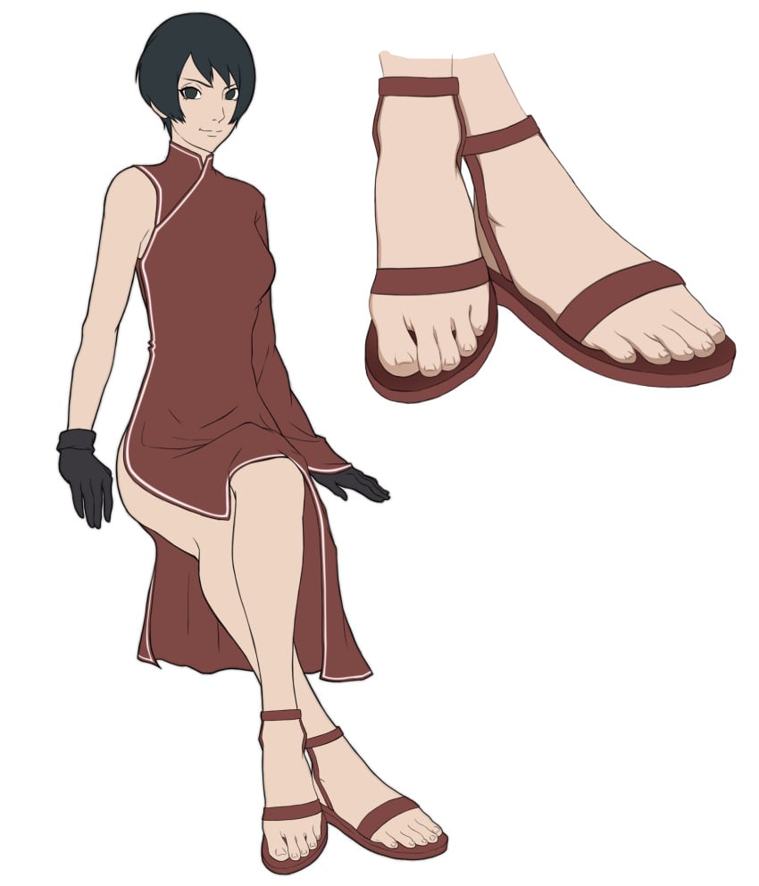 1girls bare_legs barefoot black_eyes black_hair boruto:_naruto_next_generations china_dress chinese_clothes close-up crossed_legs dress female female_only fetish foot_fetish foot_focus footwear fully_clothed gloves kenshin kurotsuchi looking_at_viewer naked_footwear naruto naruto_(series) no_panties open_toe_shoes sandals short_hair simple_background single_sleeve sitting smile solo solo_focus white_background