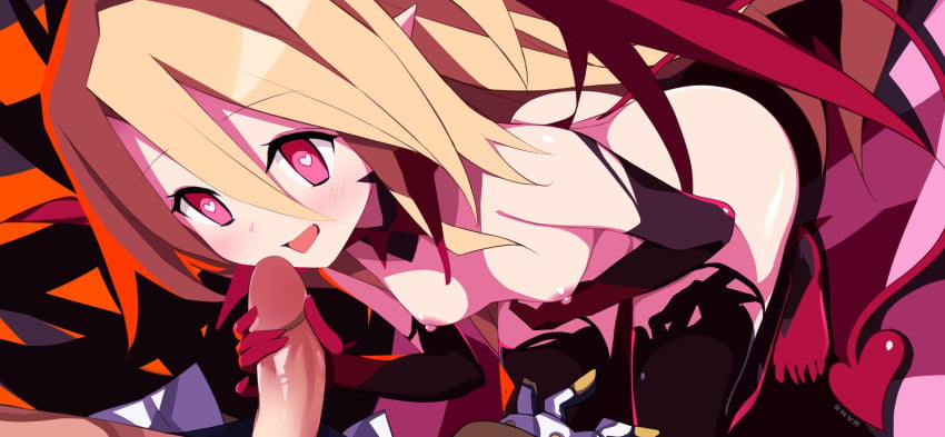 breasts completely_nude completely_nude_female disgaea disgaea_rpg fallen_vessel_flonne flonne heart-shaped_pupils heart-shaped_tail holding_penis nanozenzen nippon_ichi_software penis small_breasts