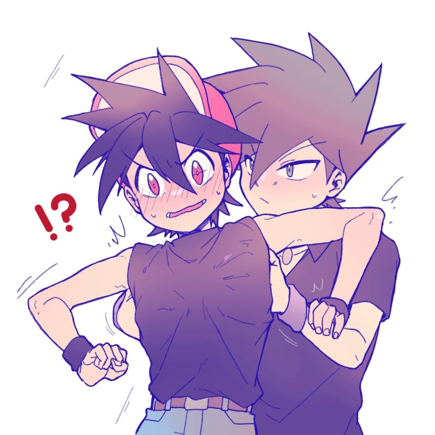 !? ... 2boys artist_request black_hair blue_oak blush blush brown_hair ca_pkmn calm chest embarrassed gay grabbing grabbing_breasts green_eyes hands_under_clothes hands_up hat homosexual looking_at_another looking_at_viewer male male_only pokemon pokemon_adventures red_(pokemon) red_eyes spiky_hair squeezing squeezing_breast sweat sweatdrop tight_clothing white_background woah yaoi