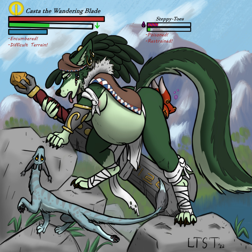 anthro blue_body blue_fur bottomwear casta_(longtailshorttemper) clothing dragon feral fleki_(longtailshorttemper) fur furred_dragon gameplay_mechanics green_body green_fur greenwolf head_outside_pussy hi_res loincloth long_tail longtailshorttemper shatterworld stomach_bulge tail unbirthing vaginal_penetration vore wrappings