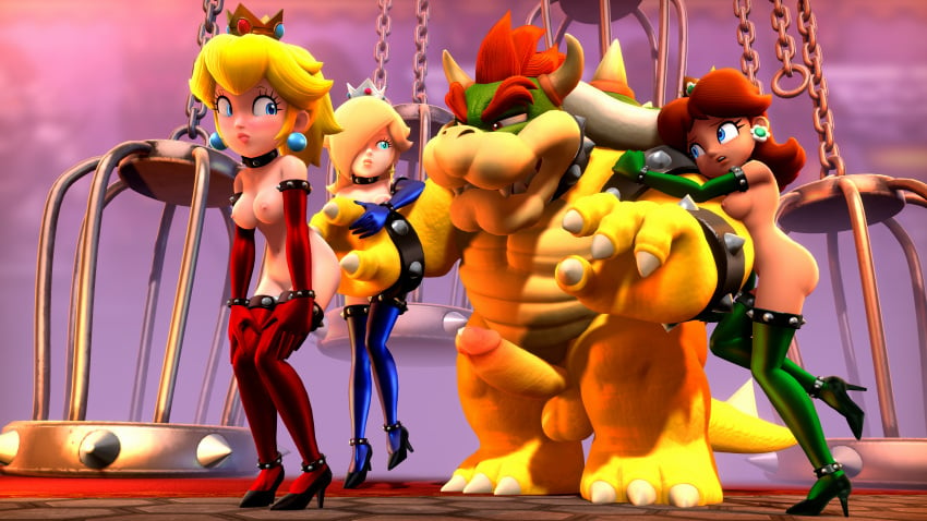 1boy 3d 3girls accurate_art_style alternate_version_at_source alternate_version_available bowser breasts embarassed female gloves high_heels male mario_(series) multiple_girls nipples onmodel3d penis princess_daisy princess_peach princess_rosalina protagonistsub_antagonistdom sex_slave slave_outfit spiked_collar standing tagme