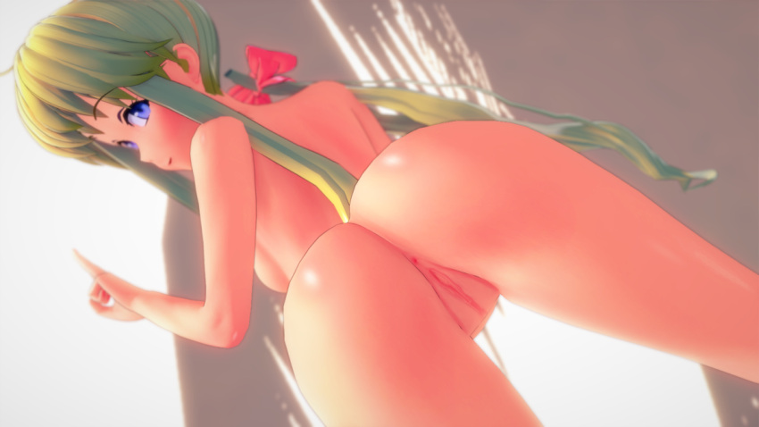 3d ass blonde_hair breasts eiyuu_densetsu koikatsu krebskulm looking_at_viewer looking_back presenting_hindquarters pussy raised_finger sen_no_kiseki showing_ass showing_off small_breasts tita_russell uncensored young