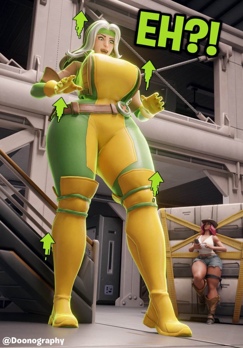 2girls 3d anna_marie breast_expansion breasts_bigger_than_head calamity_(fortnite) cowgirl crossover doonography female female_only fortnite fortnite:_battle_royale giantess growth hero huge_ass huge_breasts large_female marvel marvel_comics rogue_(fortnite) rogue_(x-men) thick_thighs x-men