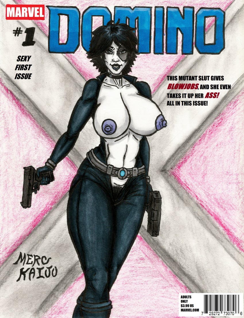 1girls belt belt_buckle big_breasts black_boots black_choker black_clothing black_gloves black_hair black_lips black_lipstick blue_eyes bodysuit boots breasts breasts_exposed breasts_out busty choker comic_cover curvy curvy_body curvy_female curvy_figure curvy_hips dark_hair domino_(marvel) female female_human female_only female_pubic_hair gloves gun guns hairy_pussy handgun hips holding_gun holding_object holding_weapon human large_breasts legs long_legs looking_at_viewer marvel marvel_comics merc_kaiju mutant navel neena_thurman nipples pale-skinned_female pale_skin pistol pistols pubic_hair short_hair smile solo solo_female text thighs tight_bodysuit tight_clothing traditional_art traditional_drawing_(artwork) traditional_media traditional_media_(artwork) trigger_discipline unzipped_bodysuit weapon white_skin x-force x-men