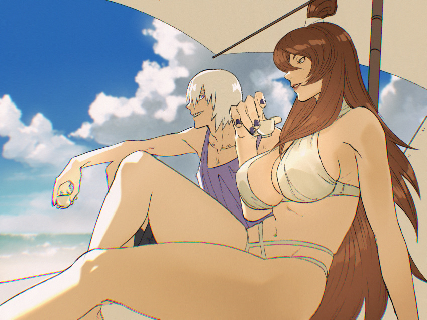 1boy 1girls adult age_difference bare_legs bare_shoulders beach big_breasts bikini breasts brown_hair busty cleavage cup drink grin holding_object hozuki_suigetsu huge_breasts jetch large_breasts looking_at_another looking_at_breasts male/female mature mature_female mei_terumi nail_polish naruto naruto_(series) naruto_shippuden naughty_face older_female older_woman_and_teenage_boy outdoors revealing_swimsuit sake seaside smile staring staring_at_another staring_at_breasts summer swimsuit swimwear tank_top teenager thick_thighs very_long_hair voluptuous white_hair younger_male