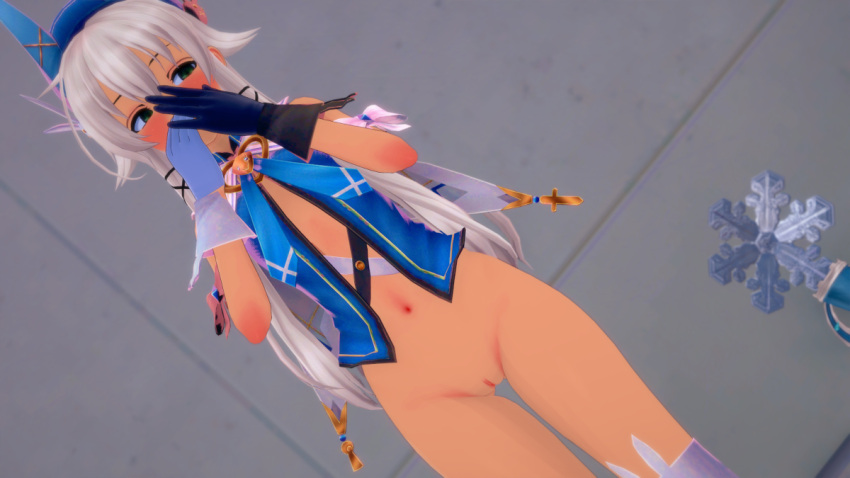 3d alternate_costume altina_orion belly blush eiyuu_densetsu embarrassed embarrassed_nude_female gloves koikatsu krebskulm magical_girl navel nude nude_female pussy sen_no_kiseki standing thigh_gap uncensored white_hair