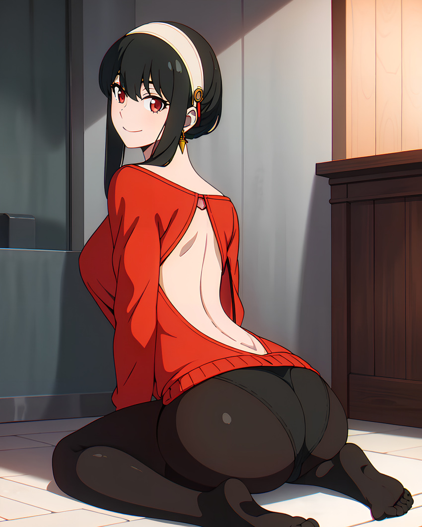 1girls ai_generated ass assassin backless_clothes backless_outfit backless_sweater black_hair black_legwear dress feet female hairband panties pantyhose smile spy_x_family stable_diffusion sweater sweater_dress thorn_princess yor_briar yor_forger