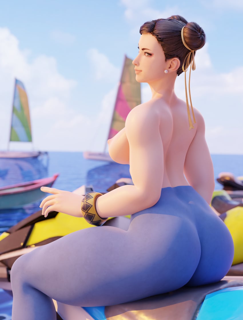 1girls 3d 3d_(artwork) ass ass_focus beach blender blender_cycles breasts capcom chun-li dkclaude3d female female_focus female_only leggings short_hair street_fighter street_fighter_6 tagme topless