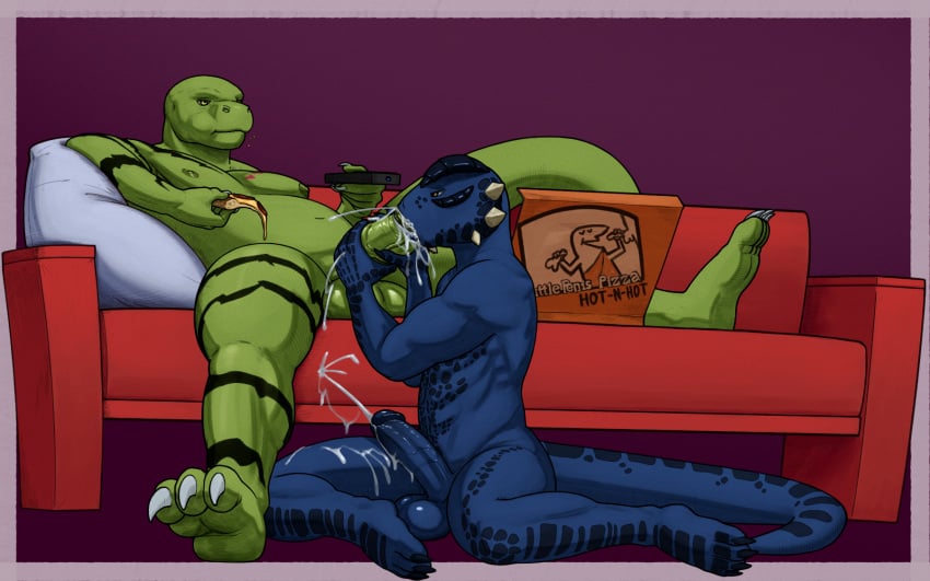 anthro argonian balls bedroom_eyes bethesda_softworks big_balls big_penis bodily_fluids cum cum_in_mouth cum_inside cum_on_furniture cum_on_leg cumshot digital_media_(artwork) distracted distracted_sex duo ejaculation erection fangs fellatio food genital_fluids genitals glistening glistening_balls glistening_genitalia hi_res holding_penis humanoid_genitalia humanoid_penis komodo_dragon lizard male male/male monitor_lizard narrowed_eyes nipples nude oral orgasm penile penis penis_grab pizza reptile scales scalie seductive sex simple_background slightly_chubby ssslith tall_lizzard_(artist) teeth the_elder_scrolls tristen watching_tv