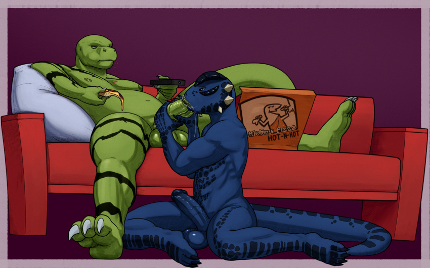 2boys anthro argonian balls bedroom_eyes bethesda_softworks big_balls big_penis bodily_fluids digital_media_(artwork) distracted distracted_sex duo erection fangs fellatio food gay genital_fluids genitals glistening glistening_balls glistening_genitalia hi_res holding_penis humanoid_genitalia humanoid_penis komodo_dragon lizard male male/male male_only monitor_lizard narrowed_eyes nipples nude oral penile penis penis_grab pizza precum reptile saliva saliva_string scales scalie seductive sex simple_background slightly_chubby ssslith tall_lizzard_(artist) teeth the_elder_scrolls tristen watching_tv