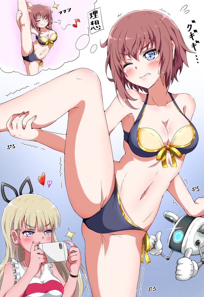 2girls alice_gear_aegis araime_yasuri bangs bikini blonde_hair blue_eyes blunt_bangs blush brown_hair cleavage eggman_(pixiv28975023) eyebrows_visible_through_hair female female_only gradient_background hair_ornament heart japanese_text kanagata_sugumi leg_up long_hair medium_breasts medium_hair navel one_eye_closed phone recording ribbon robot shaking sidelocks simple_background standing standing_on_one_leg text thought_bubble thumbs_up translation_request wristband