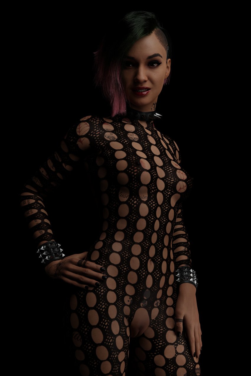 3d 4k bodysuit cyberpunk_2077 exposed_pussy green_hair hand_on_hip holopointz judy_alvarez light-skinned_female light_skin mesh petite petite_body petite_female purple_hair pussy see-through see-through_clothing self_upload skin_tight solo solo_female solo_focus tattoo tattoos vagina