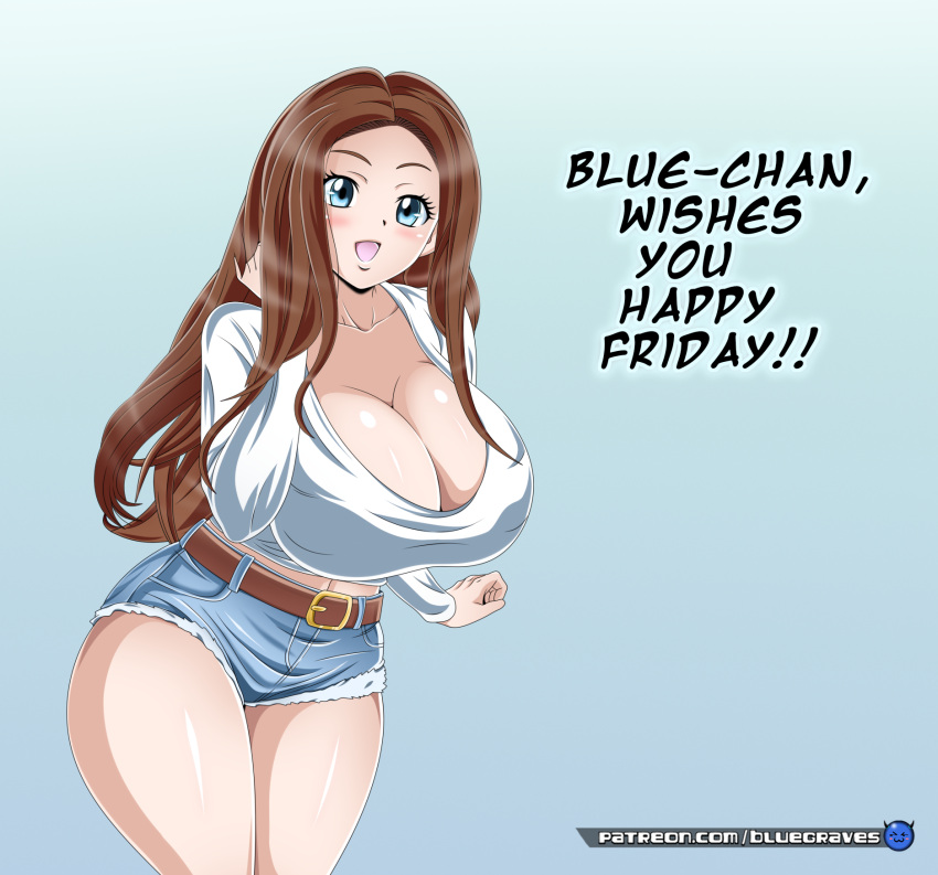 2023 big_boobs bluegraves brown_hair brown_hair_female curvy english english_text female female_only long_hair long_hair_female nipples_visible_through_clothing oc open_mouth patreon_username shorts solo solo_female text