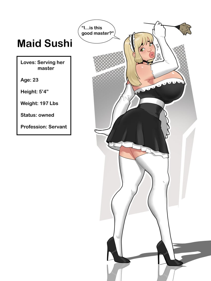 bimbo bimbo_lips blonde_hair breast_expansion breasts_bigger_than_head duster english_text feather_duster high_heels hourglass_figure huge_breasts implied_transformation kneesocks looking_back maid maid_headdress maid_uniform original_character puffy_lips puffygirl1 stockings submissive_female sushi_(puffygirl1) text wide_hips