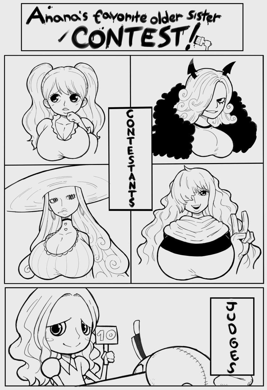 5girls big_breasts black_and_white charlotte_amande charlotte_anana charlotte_galette charlotte_pudding charlotte_smoothie clothed female female_only one_piece only_female panels sign thanuki thanukiart