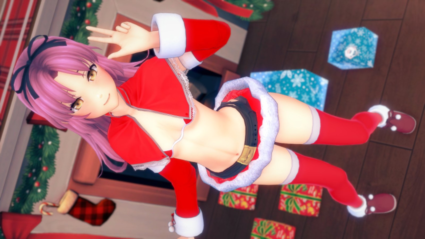 3d belly christmas eiyuu_densetsu koikatsu krebskulm legs_apart navel peace_sign purple_hair renne_(eiyuu_densetsu) renne_bright santa_costume sen_no_kiseki smile standing yellow_eyes