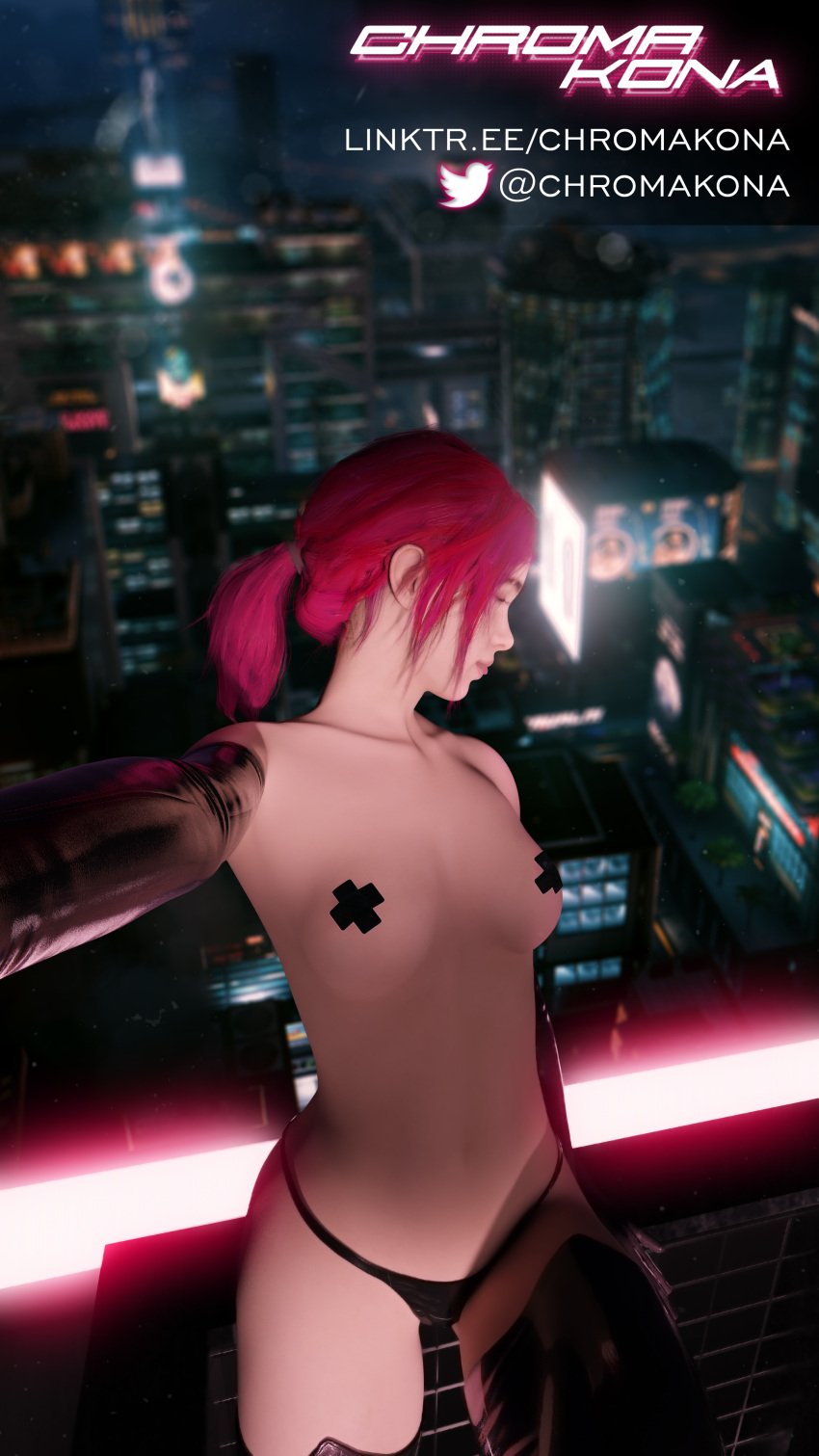 1girls 3d blender blender_(software) cosplay crossover cyberpunk_2077 ellie_(the_last_of_us) ellie_williams female female_only neon neon_lights night night_city photoshop pink_hair rooftop solo the_last_of_us the_last_of_us_2