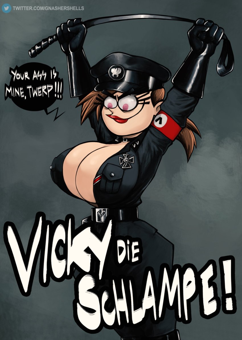 armband baggy_pants big_breasts busty cleavage dark dictator evil_grin eyebrows_visible_through_hair eyelashes germany gloves gnashershells massive_breasts military military_hat military_uniform nazi nickelodeon pink_eyes red_hair smooth_skin the_fairly_oddparents tight_clothing vicky_(fairly_odd_parents) world_war_2