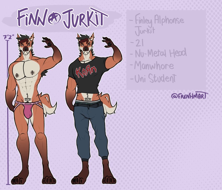 absurd_res anthro armpit_hair body_hair bulge canid canine chin_piercing claws clothed clothing ear_piercing facial_piercing finley_jurkit frenhm hi_res jockstrap korn korn_shirt male male_only mammal maned_wolf model_sheet muscular muscular_male nipple_piercing nipples nose_piercing pawpads paws piercing raised_arm septum_piercing solo tattoo underwear