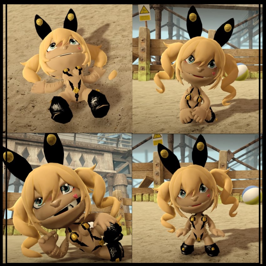 beach bell bikini black_bikini black_bunny_ears black_socks blue_eyes bunny_ears female_only gold_jewelry golden_bikini happy_female heart_tattoo large_breasts latina lbp littlebigplanet littlebigplanet_2 multiple_poses multiple_views sackboy sackgirl sfw short_bikini small_bikini socks yellow_hair