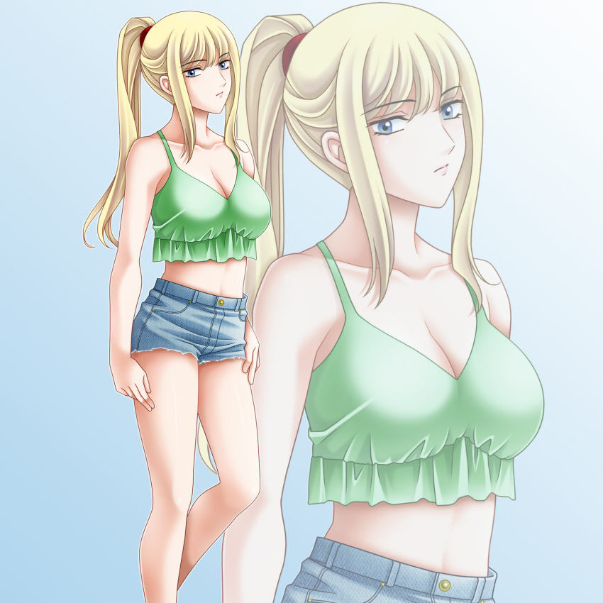 1girls blonde_hair blue_eyes breasts crop_top green_crop_top hand_on_hip jean_shorts large_breasts looking_at_viewer metroid midriff nintendo ponytail ripped_shorts samus_aran shorts tamamon