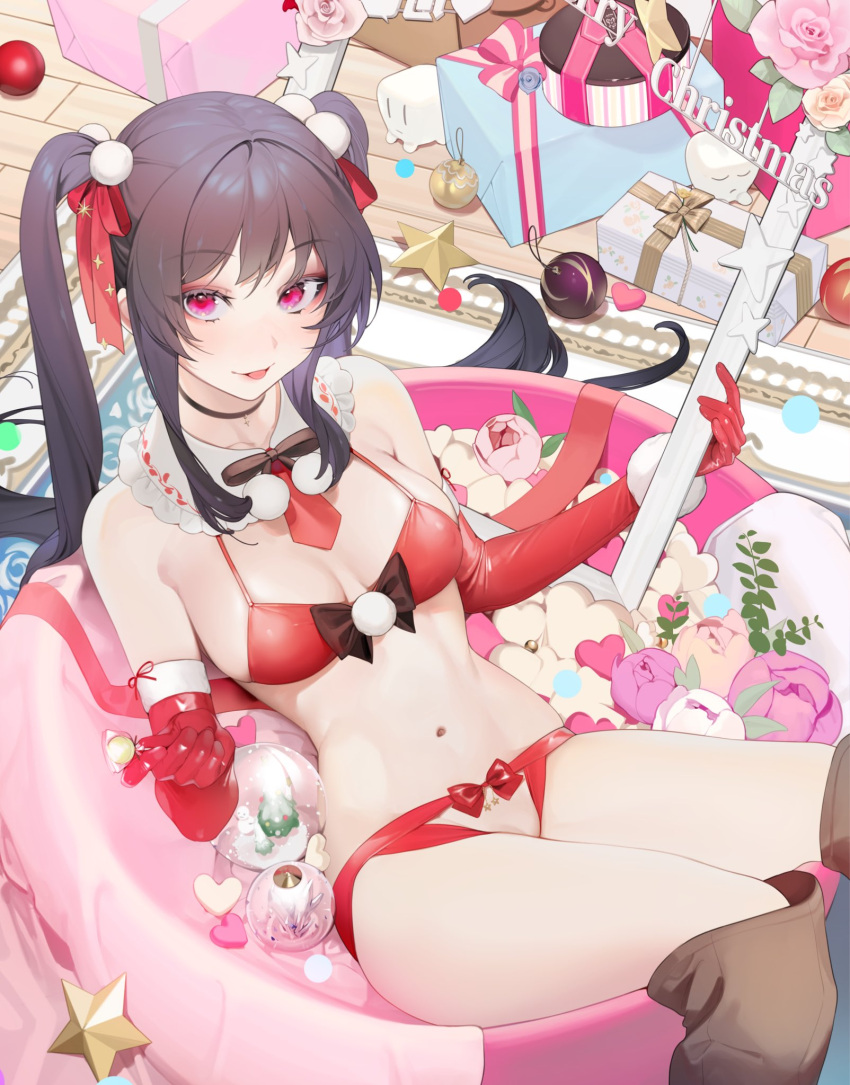 1girls bikini black_hair breasts character_request choker christmas christmas_ornaments cleavage cross cross_choker elbow_gloves female gift gloves hair_ribbon holding long_hair looking_at_viewer medium_breasts navel ohisashiburi original original_character pink_eyes reclining red_bikini red_gloves ribbon swimsuit twintails