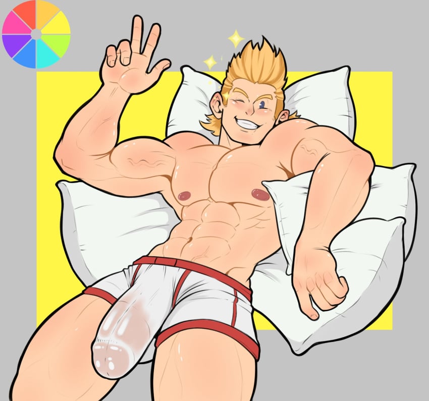 1boy 2023 abs bara barazoku biceps big_bulge blonde_hair blue_eyes blush bulge bulge_through_clothing gay gepp_(artist) gepp_d hi_res highres huge_bulge looking_at_viewer male male_focus male_nipples male_only manly mirio_togata muscles muscular muscular_arms muscular_male my_hero_academia nipples penis_outline solo solo_male underwear underwear_only