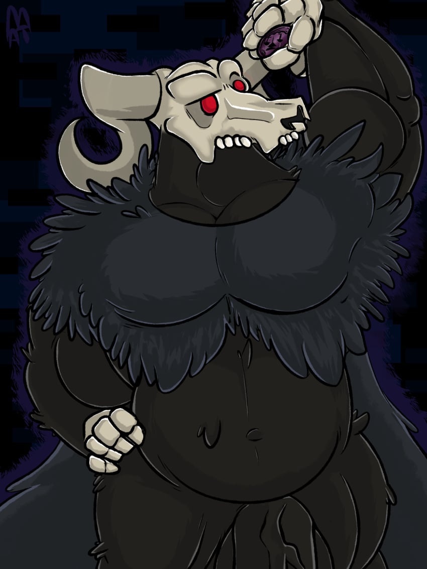 anthro athan_the_monster balls barazoku big_balls bone bone_lord_(inscryption) bovid bovid_horn cape caprine caprine_demon caprine_horn chubby_male clothing demon fluffy fluffy_chest genitals goat_demon hi_res horn inscryption male mammal muscular muscular_anthro muscular_male obol pecs penis red_eyes skeletal_hand skull skull_head slightly_chubby solo thick_penis thick_thighs