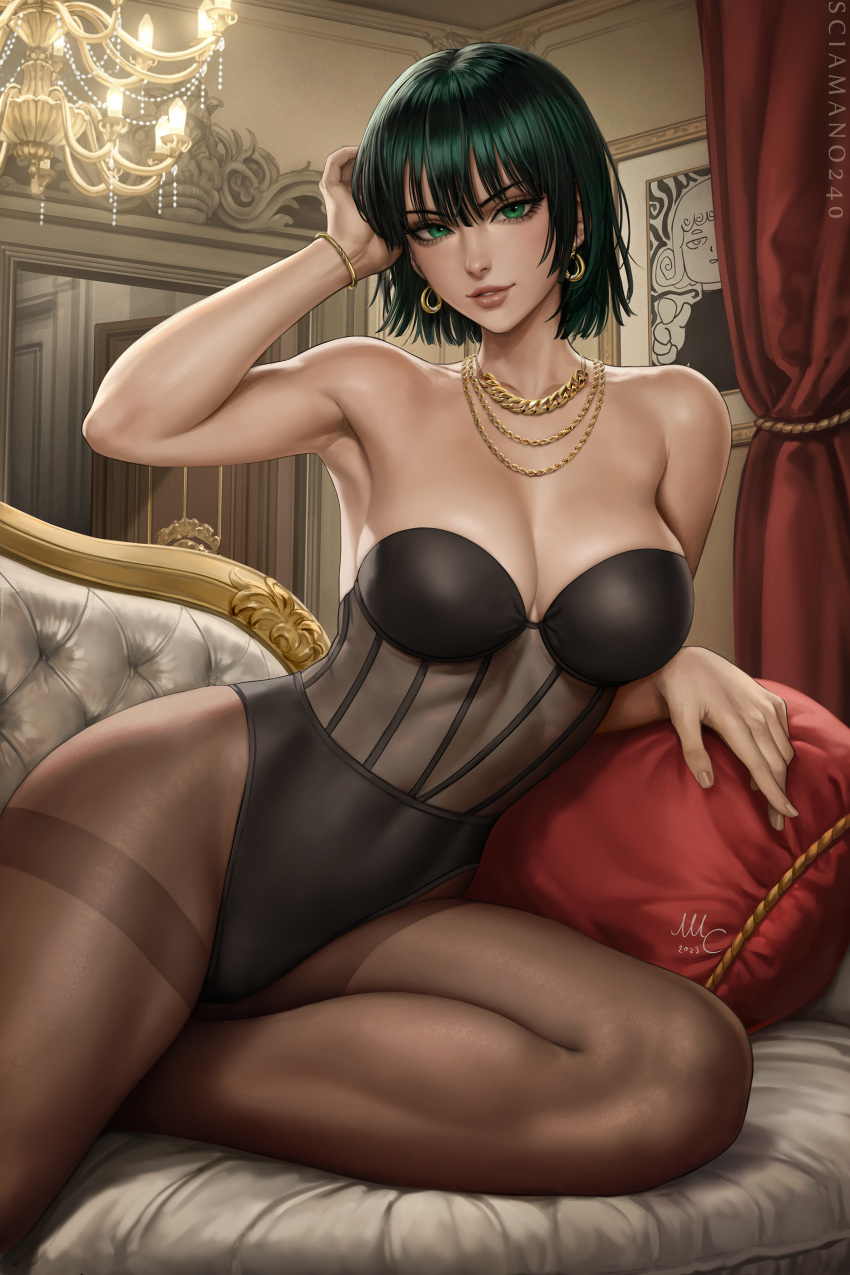 1girls absurd_res absurdres athletic athletic_female bangs big_breasts black_clothes black_clothing black_leotard breasts busty couch earrings female female_focus female_only fit fit_female fubuki_(one-punch_man) gold_(metal) gold_bracelet gold_chain gold_earrings gold_jewelry gold_necklace green_eyes green_hair large_breasts leotard light_skin light_skinned_female looking_at_viewer navel necklace one-punch_man pantyhose parted_lips sciamano240 short_hair smile smiling sofa solo solo_female solo_focus stomach thick_thighs thighs toned toned_body toned_female toned_stomach