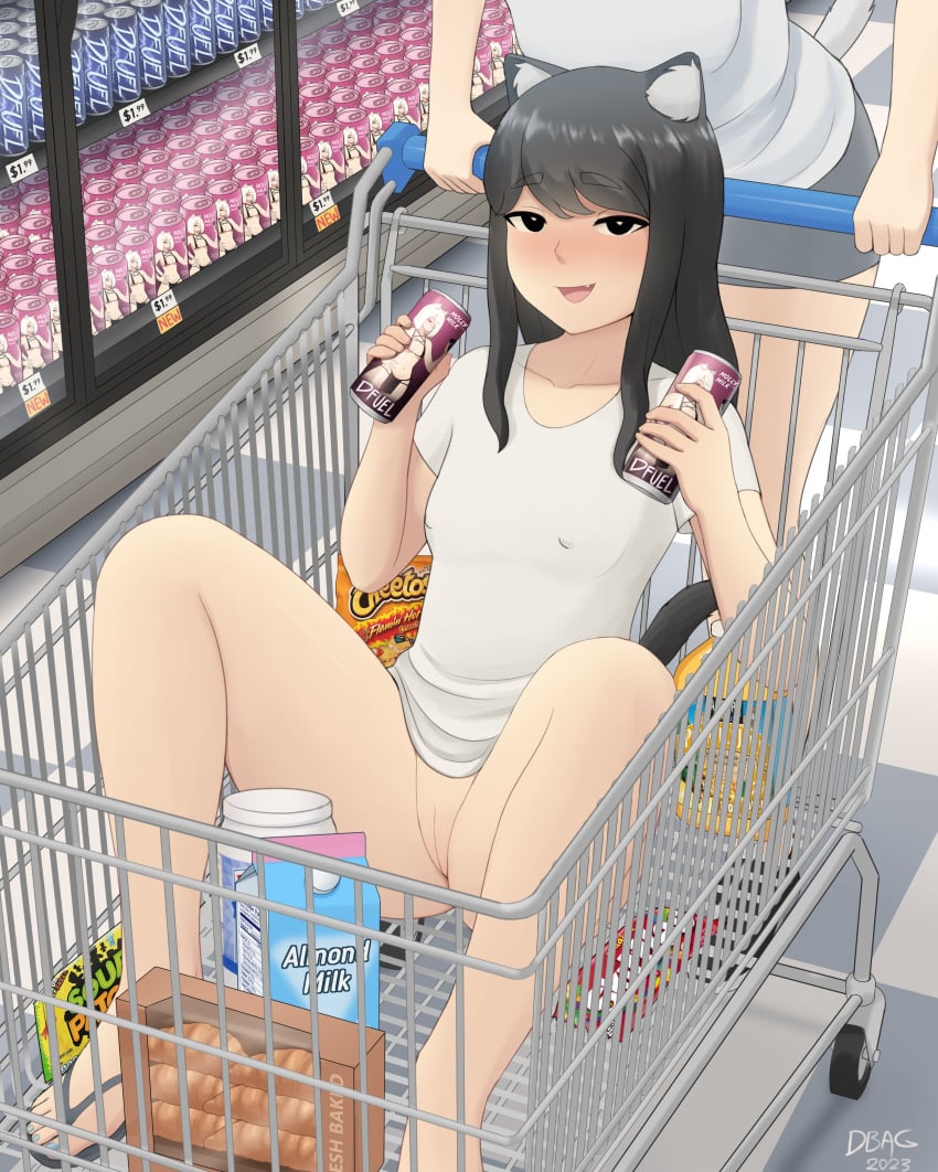 2girls black_eyes black_hair blush blushing blushing_at_viewer bottomless casual casual_nudity cat_ears cat_tail catgirl cheetos d_fuel_energy_drink dbagdraws drink embarrassed erect_nipples feet female female_only fluffyearedfox horny horny_female in_shopping_cart innie_pussy leaning_back legs_apart legs_spread long_hair mia_(dbagdraws) molly_(dbagdraws) multiple_girls nipple_bulge nipples_visible_through_clothing open_toe_shoes public public_nudity shaved_pussy shopping_cart skittles small_breasts smiling sour_patch_kids toes white_skin