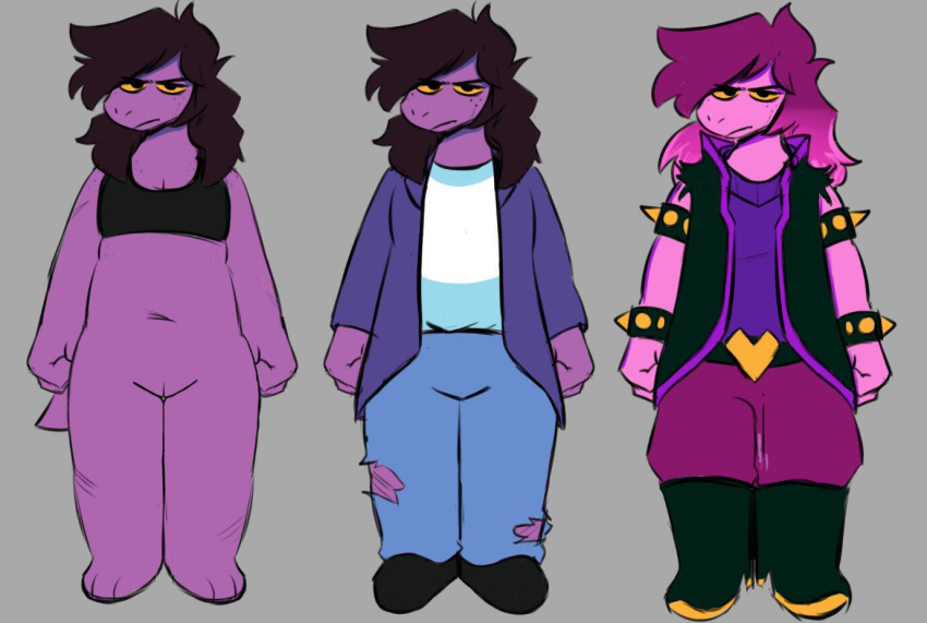 black_hair bra_only character_sheet deltarune deltarune_chapter_1 purple_body purple_hair purple_skin susie_(deltarune) tagme torn_jeans yellow_sclera