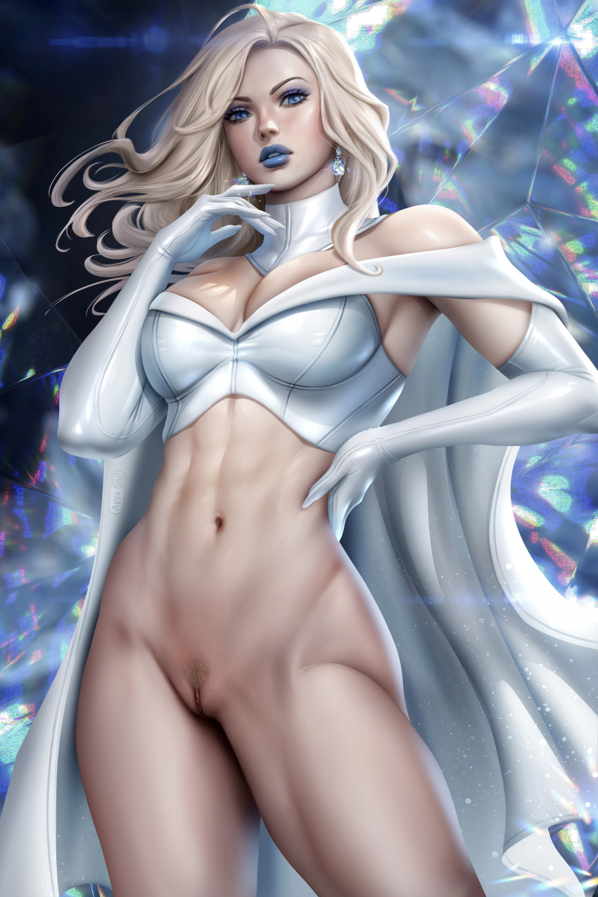 ayyasap blue_eyes bottomless emma_frost looking_at_viewer marvel marvel_comics pussy white_hair x-men