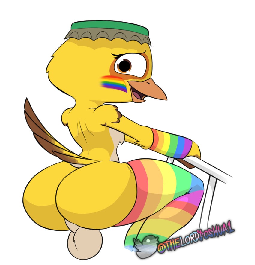 1boy absurd_res anthro ass avian balls beak big_balls big_butt bird blue_sky_studios body_hair bodypaint canary chest_hair clothing crouching face_paint feathers finch gay genitals hat headgear headwear heater hi_res legwear lgbt_history_month lgbt_pride long_balls looking_at_another looking_back male multicolored_body multicolored_clothing multicolored_legwear multicolored_stockings nico_(rio) oscine passerine perineum presenting presenting_hindquarters pride_colors rainbow_clothing rainbow_flag rainbow_legwear rainbow_pride_flag rainbow_stockings rainbow_symbol raised_tail rio_(series) showingoff solo stockings tail tail_feathers thelordjoshua watermark yellow_body yellow_feathers