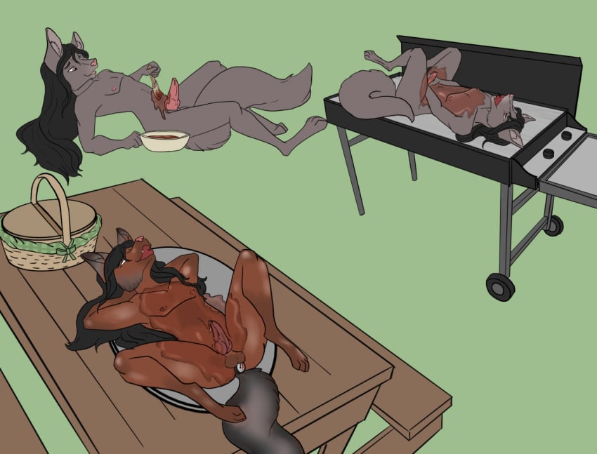 4_toes 5_fingers anthro black_eyebrows black_hair brown_eyes canid canine canis cannibalism cooking_with_furs death eyebrows feet fingers fur furniture genitals gore grey_body grey_fur grey_inner_ear_fluff grill guro hair happy inner_ear_fluff male male_death mammal nipples penis petpolaris picnic_table pink_nipples pink_nose pink_penis solo table tail toes tuft wolf