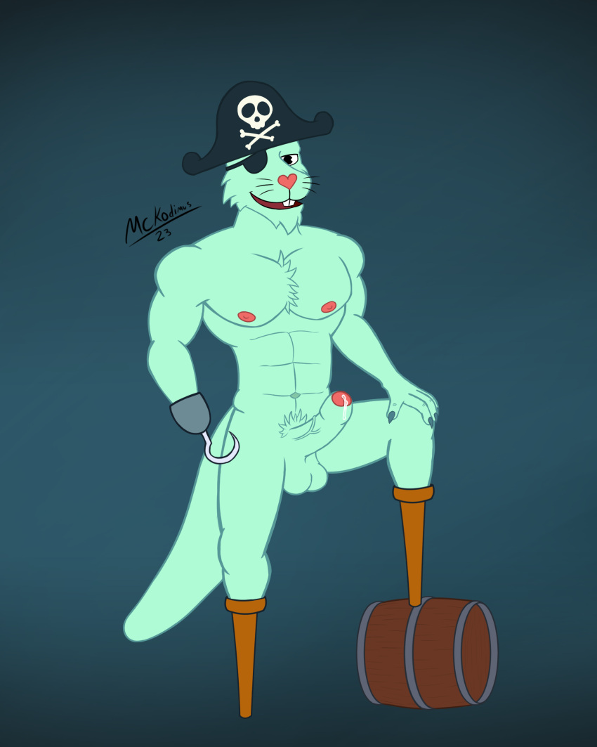 absurd_res amputee anthro anthro_only athletic balls barrel chest_tuft disability eye_patch eyewear foreskin genitals happy_tree_friends heart heart_nose hi_res hook hook_hand looking_at_viewer male male_only mammal mckodimus muscular mustelid nipples otter pegleg penis pirate pirate_hat pubes russell_(htf) sea_otter solo step_pose tuft whiskers