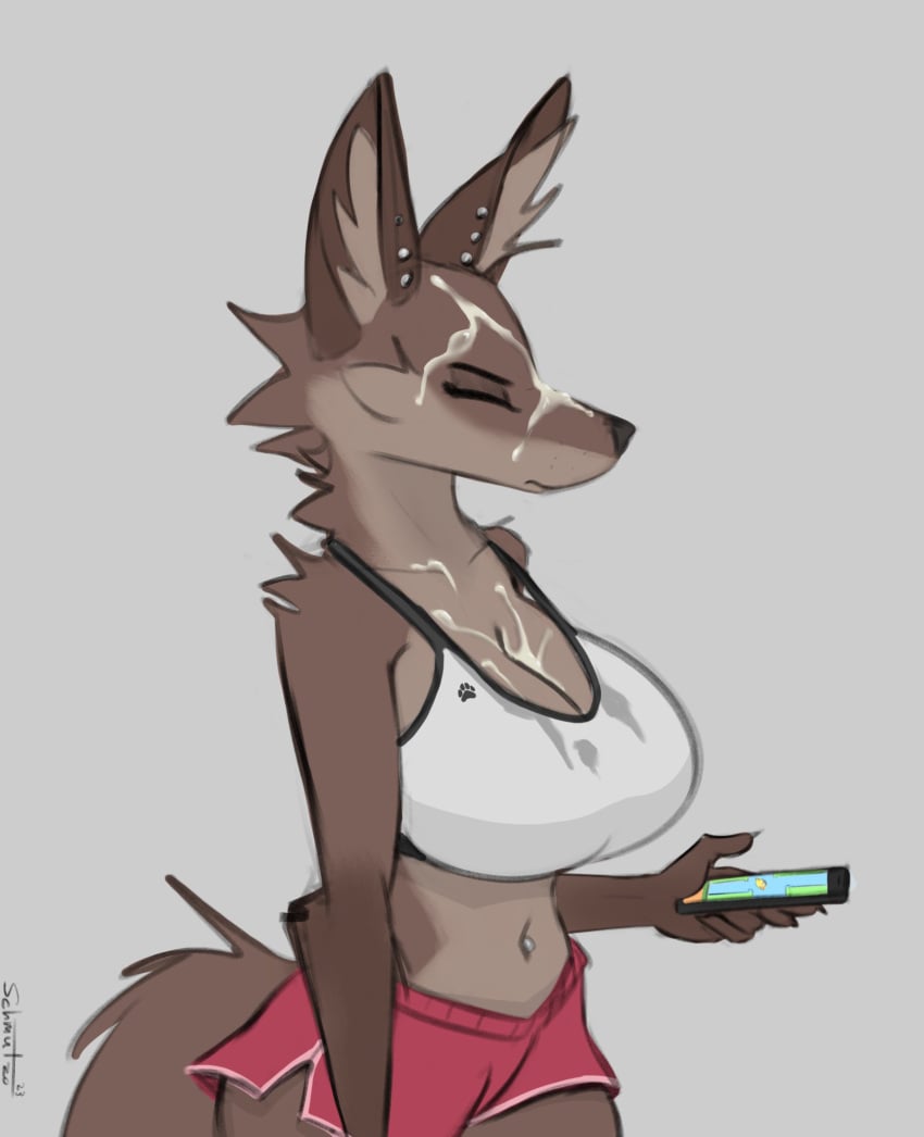 amber_(schmutzo) anthro big_breasts bodily_fluids bottomwear bra breasts brown_body brown_fur canid canine cellphone clothing cum cum_on_breasts cum_on_clothing cum_on_face ear_piercing female flappy_bird fox fur genital_fluids gym_bottomwear gym_clothing gym_shorts hi_res hotpants mammal midriff navel navel_piercing phone piercing schmutzo shorts smartphone solo sports_bra underwear yellow_eyes