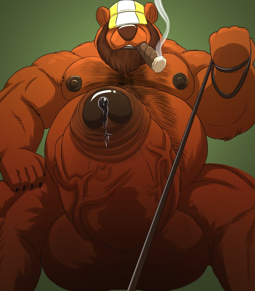 absurd_res anthro armor balls bear beard belly belly_overhang big_balls big_belly big_penis bodily_fluids body_hair brent_(n0rdbara) brown_body chest_hair cigar cum digital_media_(artwork) dripping erection facial_hair first_person_view foreskin fur galvinwolf genital_fluids genitals hair hairy hairy_belly hard_hat headgear helmet hi_res huge_balls huge_belly huge_cigar huge_cock humanoid_genitalia humanoid_penis hybrid hyper hyper_balls hyper_genitalia hyper_penis leaking_precum leash leash_pull leashed_pov looking_at_viewer male mammal mephitid morbidly_obese muscular muscular_anthro muscular_male nipples nude obese overweight overweight_anthro overweight_male pecs penis precum precum_drip precum_on_penis simple_background skunk smoking smoking_cigar solo solo_focus vein veiny_penis