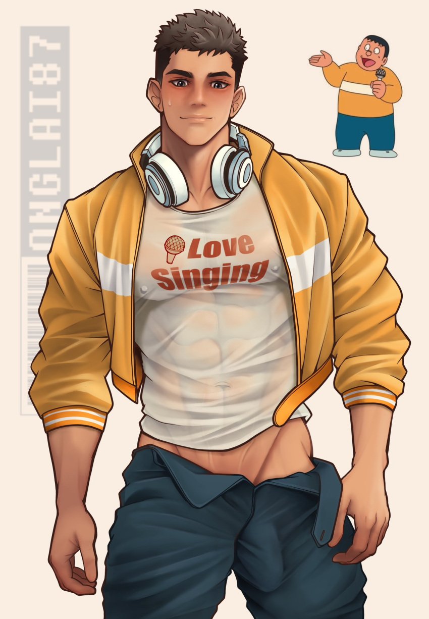 aged_up blush brown_hair bulge bulge_down_leg doraemon erection erection_in_pants erection_under_clothes erection_under_pants headphones headphones_around_neck male male_nipples male_only muscular_male nipple_bulge onglai87 see-through_clothing see_through_shirt solo sweatdrop takeshi_gouda unbuttoned_pants unzipped_pants white_t-shirt yellow_jacket