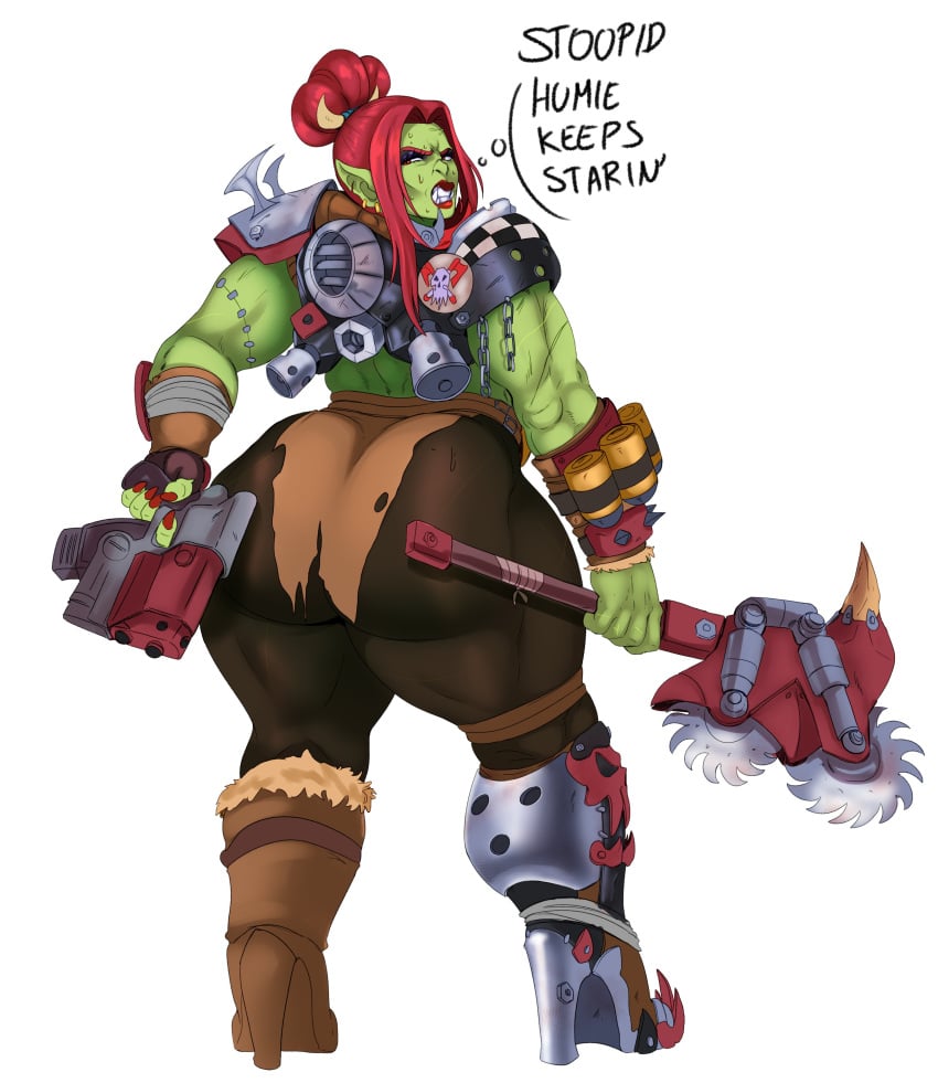 1girls ass english_text female female_only high_heel_boots high_heels huge_ass looking_at_viewer looking_back muscles muscular muscular_female ork solo solo_female sunnysundown text thick_thighs thought_bubble warhammer_(franchise) warhammer_40k wide_hips