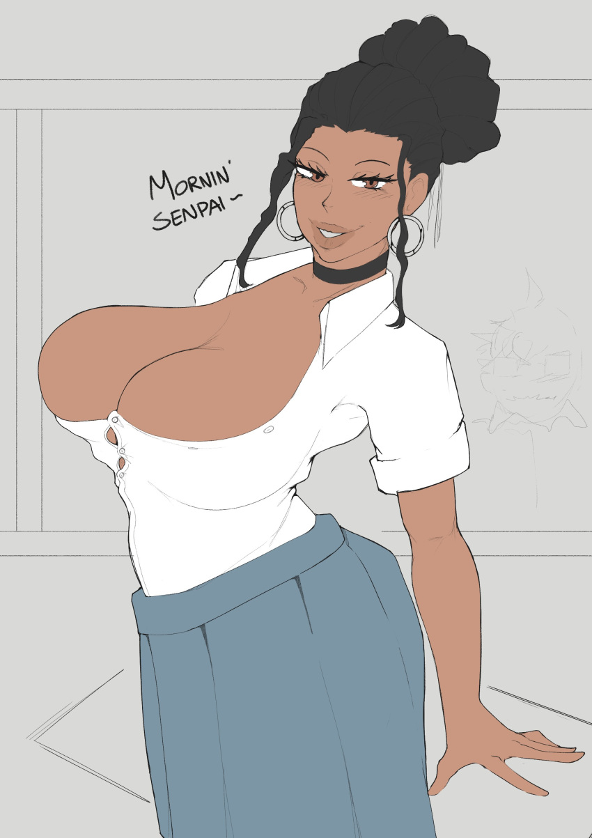 1girls african_female big_breasts black_hair black_nagatoro_(mahmapuu) blackwashed blush breasts brown_eyes cleavage clothed clothing collar curvy dark-skinned_female dark_skin earrings english_text female_focus female_only flat_colors hayase_nagatoro long_hair looking_at_viewer please_don't_bully_me,_nagatoro race_swap revealing_clothes school_uniform skirt smoxul solo text wide_hips