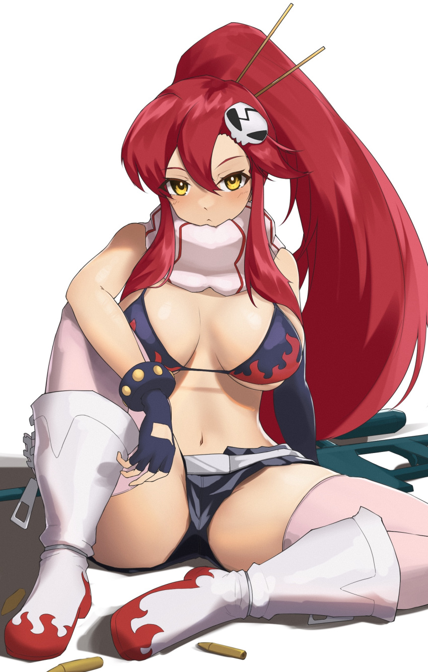 1girls arm_support big_breasts bikini bikini_top bikini_top_only busty cleavage female female_only large_breasts legs long_hair looking_at_viewer midriff monoi_daru navel ponytail red_hair sensual shorts sitting solo spread_legs tengen_toppa_gurren_lagann thighs yellow_eyes yoko_littner