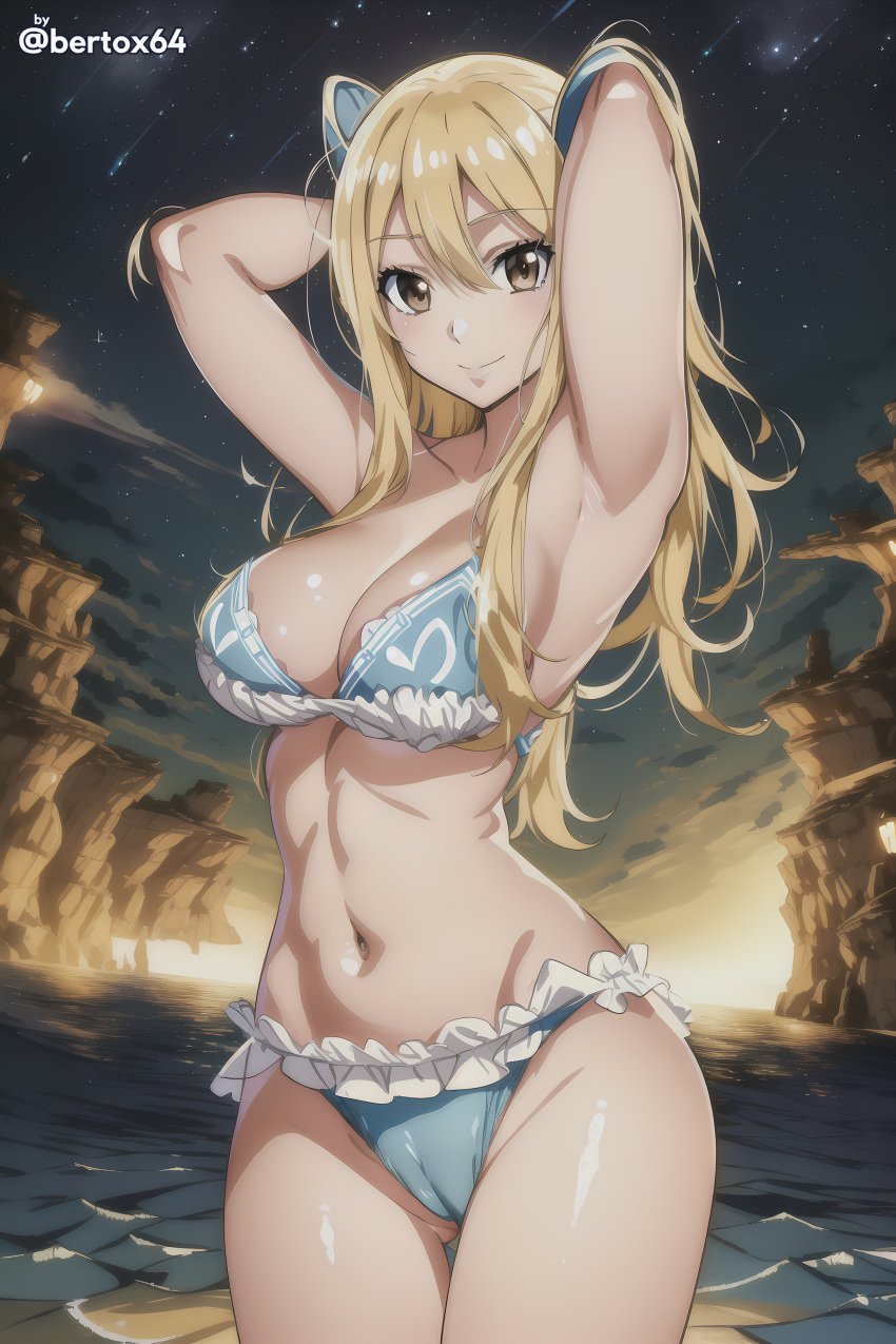 1girls ai_generated armpits arms_behind_head bertox64 big_breasts bikini blonde_hair brown_eyes busty cleavage fairy_tail female female_only large_breasts legs long_hair looking_at_viewer lucy_heartfilia navel pose posing sensual sexy_armpits smile solo thighs