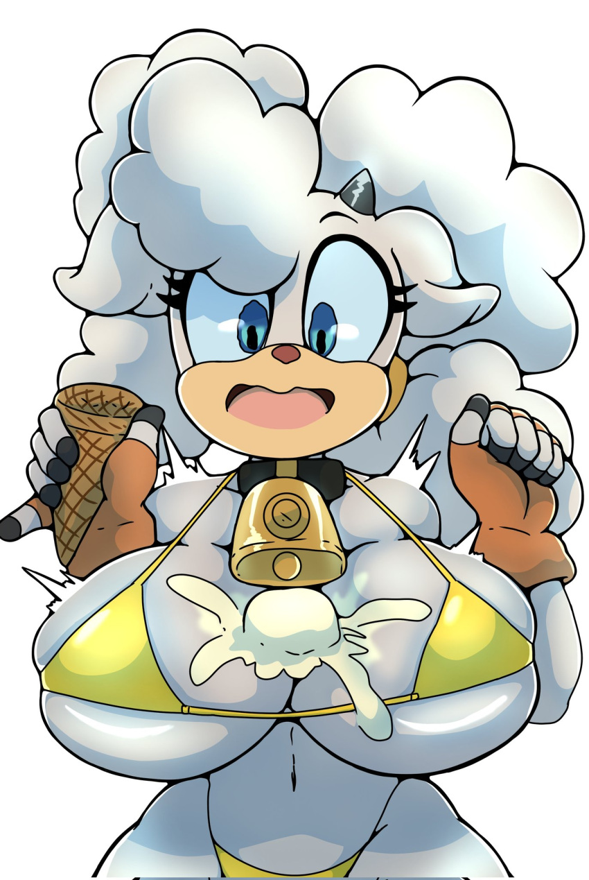 1girls 2023 2d anthro bell bell_collar big_breasts bikini blue_eyes breasts breasts_focus brown_nose caprine cleavage commission cowbell curvaceous curvy curvy_body curvy_figure embarrassed eyelashes female fingerless_gloves fluffy fluffy_hair food frederickjdraws furry_female huge_breasts ice_cream ice_cream_cone ice_cream_on_breasts idw_comics idw_publishing lanolin_the_sheep large_breasts mobian mobian_(species) mobian_sheep open_mouth quad_tails sega sheep sheep_girl sheep_horns sheep_humanoid sonic_(series) sonic_the_hedgehog_(comics) sonic_the_hedgehog_(idw) sonic_the_hedgehog_(series) summer surprise surprised_expression white_background white_body white_fur white_hair white_skin white_wool wool wool_(fur)