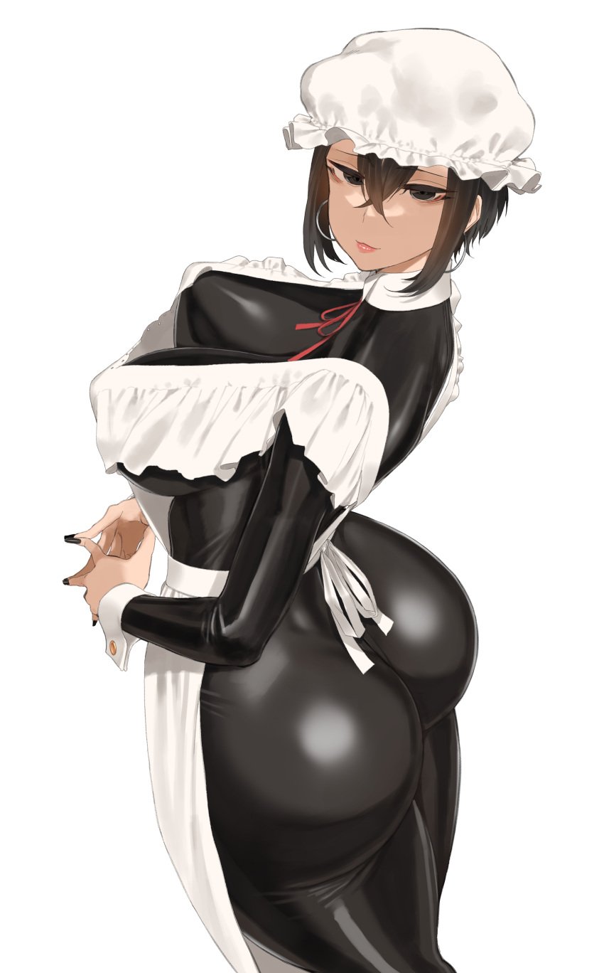 1girls apron ass big_ass big_breasts big_butt black_nails bodysuit brown_eyes brown_hair brunette bubble_ass bubble_butt butt earrings fat_ass female female_only hi_res highres hoop_earrings large_ass large_breasts long_nails looking_at_viewer maid maid_apron maid_headdress nail_polish original original_character pink_lips pursed_lips shiny_clothes short_hair skin_tight smirk solo solo_female thick thick_ass throtem tight_clothing tight_fit voluptuous white_background wide_hips