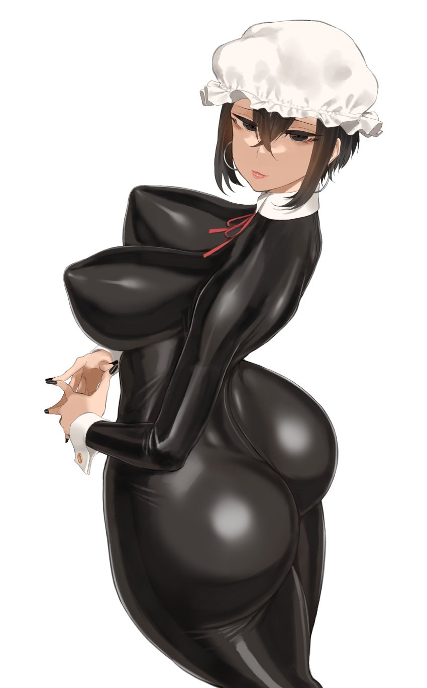 1girls ass big_ass big_breasts big_butt bodysuit bubble_ass bubble_butt butt fat_ass female female_only hi_res highres large_ass large_breasts looking_at_viewer maid original original_character short_hair solo solo_female thick thick_ass throtem voluptuous white_background wide_hips