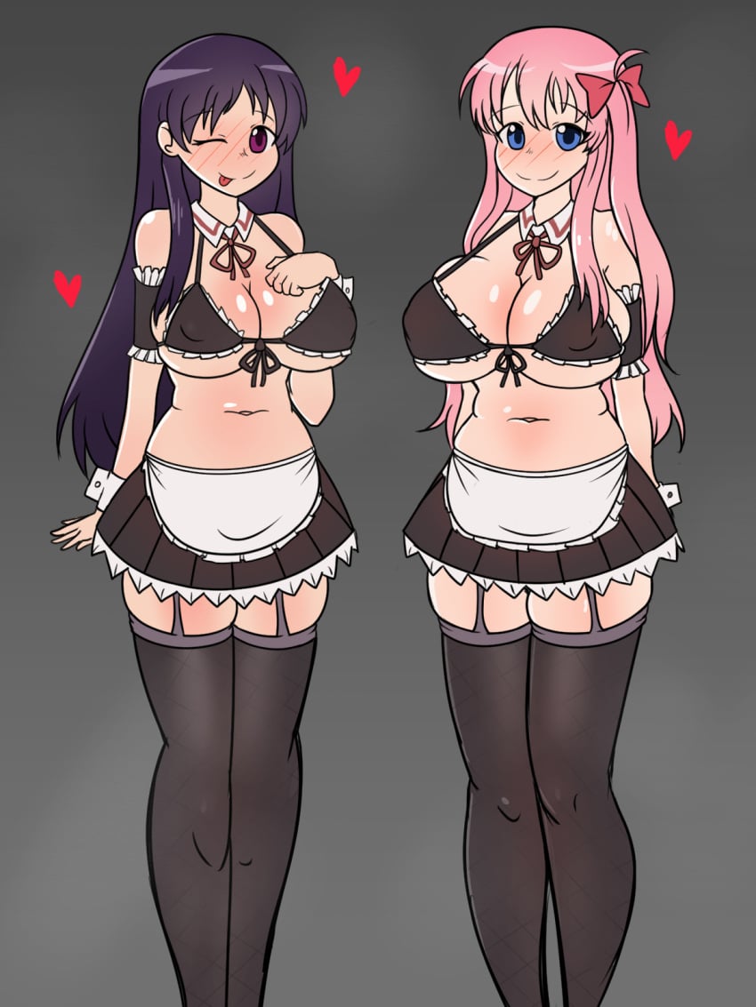 2girls big_breasts black_hair blue_eyes blush female female_only haramura_nodoka heart maid maid_uniform mrchuuni pink_hair purple_eyes ribbon ribbon_in_hair saki shimizudani_ryuuka stockings thighhighs tongue tongue_out wink