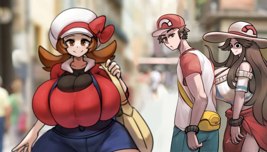 :> :) :o angry big_breasts black_eyes brown_eyes brown_hair cap cleavage clothed clothing dat_ass death_glare distracted_boyfriend gipehtyboon hat holy huge_breasts interested leaf_(pokemon) looking_at_viewer lyra_(pokemon) meme muscular_male pokemon pokemon_hgss pokemon_sm red_(pokemon) run smile smiling sunhat thick_thighs tight_clothing town turning_around turning_head twitch_lines twitching uh_oh walking walking_towards_viewer yboon