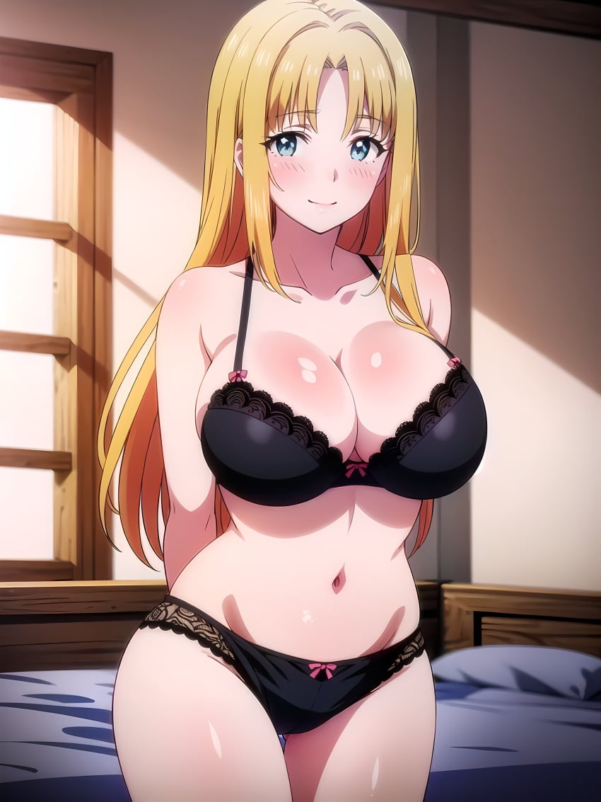 1girls ai_generated arms_behind_back big_breasts black_bra black_panties blonde_hair blue_eyes bra busty chloe_mansfield cleavage female female_only huge_breasts legs looking_at_viewer navel panties pose posing sensual shuumatsu_no_harem smile solo thighs