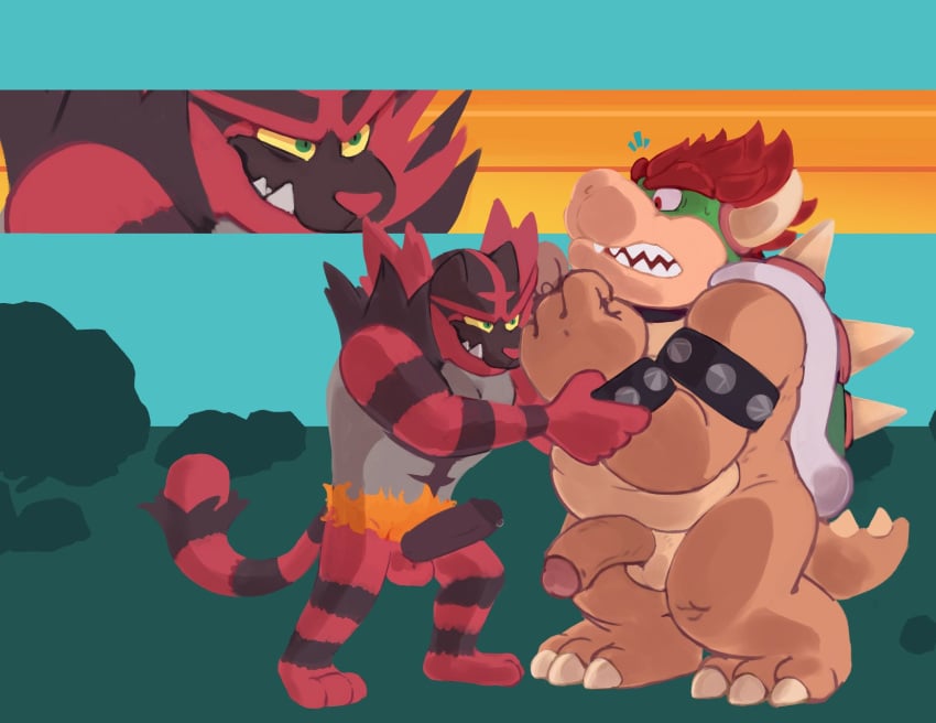 2020 3_toes 4_fingers anthro anthro_only bowser bowserboy101 collar digital_media_(artwork) erection eyebrows feet fingers generation_7_pokemon genitals green_eyes grey_body hi_res humanoid_genitalia humanoid_penis incineroar koopa looking_at_another male male_only mario_(series) muscular muscular_male nintendo penis pokemon pokemon_(species) red_body red_eyes red_nose scalie shell simple_background slightly_chubby smile spectral-bat spiked_collar spiked_shell spikes spikes_(anatomy) teeth thick_eyebrows toes yellow_sclera