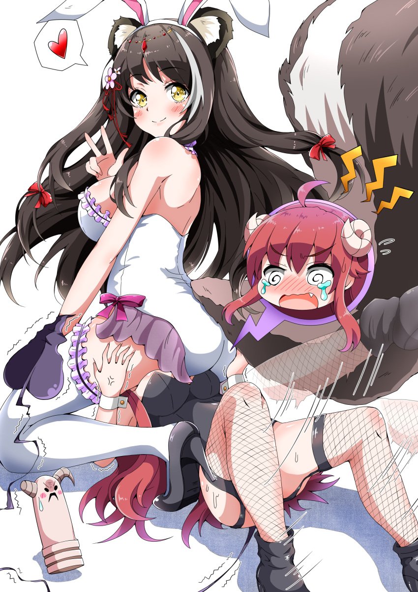 2girls ahoge animal_ears azur_lane bangs bare_shoulders black_hair blush bunny_ears crossover crying demon_tail eggman_(pixiv28975023) eyebrows_visible_through_hair facesitting female female_only fishnets frills garter_straps hair_ornament hairband heart high_heels horns looking_at_viewer machikado_mazoku medium_breasts naganami_(azur_lane) oerba_yun_fang open_mouth peace_sign red_hair ribbon shaking sideboob sidelocks simple_background smile speech_bubble sweatdrop swirly_eyes tail thigh_grab thighhighs underboob very_long_hair wavy_hair white_background yellow_eyes yoshida_yuuko_(machikado_mazoku)